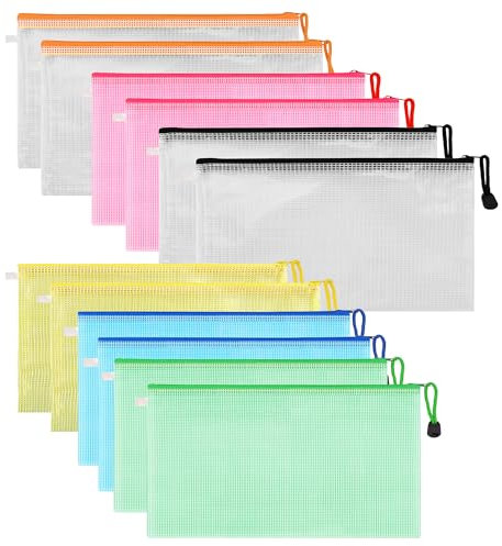 Dokumententasche A3,12 Stück Beutel mit Reißverschluss 6 Farben Dokumententaschen A3 Datei Zipper Taschen Mesh Bag Dokumententasche Reißverschluss für Bürobedarf, Datei,Kosmetik