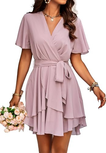 Jiraewh Damen Elegant Kurz Kleid V-Ausschnitt Kurzarm Chiffon Sommerkleid Einfarbig Cocktailkleid Rockabilly Hochzeit Falten Minikleid (5086-PK,XL)