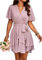 Jiraewh Damen Elegant Kurz Kleid V-Ausschnitt Kurzarm Chiffon Sommerkleid Einfarbig Cocktailkleid Rockabilly Hochzeit Falten Minikleid （5086-PK,XL）