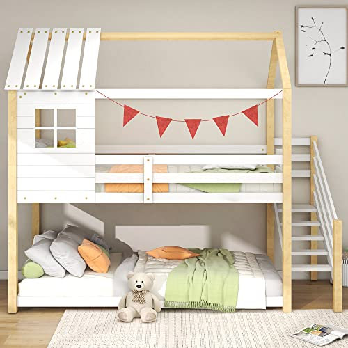 ZYLOYAL10 Etagenbett, Bett mit Ecktreppe, Hausbett, Kinderbett mit Fallschutz und Gitter, mit Fenster, Rahmen aus Kiefer (200x90cm) (weiß+Natur)