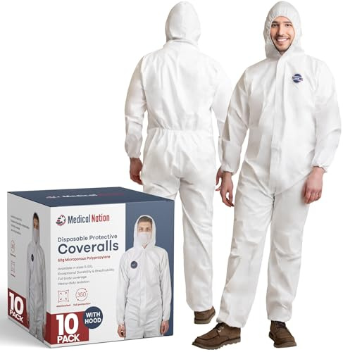 Medical Nation Hazmat Suits Disposable | 10 Pack | With Hood, Heavy Duty, Breathable Disposable Coverall, Painter Suit | 3X-Large
