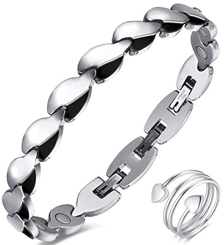 Vicmag Lymphdrainage Magnetarmband Damen Titanstahl Ultral-Festigkeit magnetisch Armband Geschenk mit Entfernungswerkzeug (Blätter Silber schwarz)