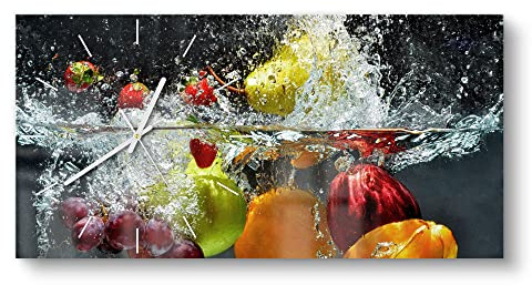 DEQORI Glasuhr | vertikal 60x30 cm | Motiv Gemischtes Obst im Wasser | große XXL Design Uhr aus Glas | leise Wanduhr für Wohnzimmer & Küche | moderne Hingucker Uhr für die Wand