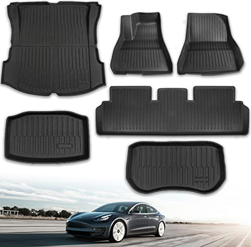 JINGSEN Tesla Model 3 Fußmatten, komplettes Set, Allwetter-Anti-Rutsch, wasserdicht, 3D-Frunk-Kofferraumauskleidung, vorne und hinten, Zubehör, passend für Modell 3 2023–2017 (6 Stück)