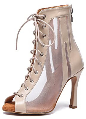 RUYBOZRY Scarpe da Ballo Latino da Donna, Lace Up Sala da Ballo Partito Salsa Stivali Punta Aperta con Tacco Alto Stivaletti,QJW-7235-Beige-9,EU35
