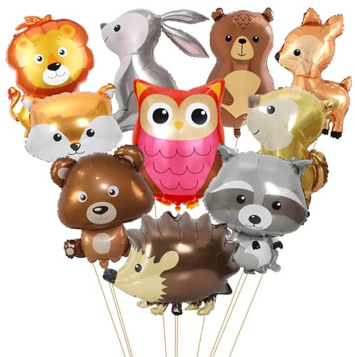 Folienballon Waldtiere, XIACIBDUS 10 Stück Hirsch Eule Waschbär Eichhörnchen Luftballon, Tierische Folienballons, Helium Ballons Tiere, Waldtiere Ballon für Kinder Geburtstag Party Deko Geschenk