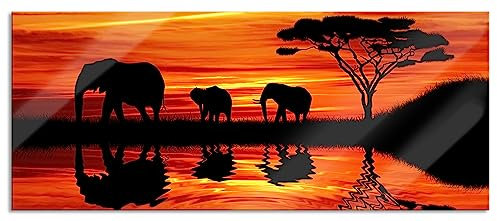 Tableau panoramique en verre véritable Motif éléphant d'Afrique au soleil 100 x 40 cm Avec suspension et entretoises