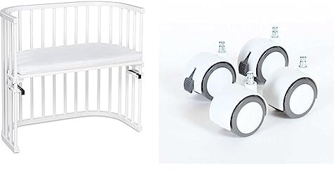 babybay Original Beistellbett aus massivem Buchenholz mit Matratze Classic Soft für Tag und Nacht & Rollensatz Parkett/Rollen passend Modelle/vom Beistellbett (weiß)