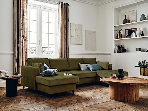 Lisa Design Anna – Wohnlandschaft U-Form – 7-Sitzer – mit Schlaffunktion und Bettkasten – aus Samt Olivgrün