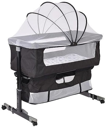 MENGDA Baby Beistellbett Babybetten, Babywiege Reisebett mit Rollen Kinderbett Neigbar Höhenverstellung, Babybett mit weich Matratze & Moskitonetz (Schwarz)