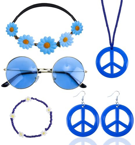 Hippie Kostüm Set Hippie Accessoires 60er 70er Jahre Accessoires Vintage Accessoires Flower Power Accessoires Inklusive Hippie Vintage Brille Hippie Haarband Armbänder Peace Kette Ohrringe