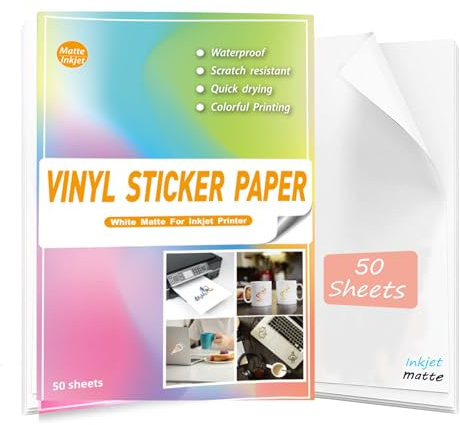 Wasserfestes, bedruckbares Vinyl-Aufkleberpapier für Tintenstrahldrucker – 50 50 mattweiße Vinyl-Aufkleberpapiere, weiße Aufkleber, Cricut-Blätter A4 – hält Tinte wunderbar und trocknet schnell