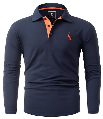 GLESTORE Long Sleeve Polo Shirts Mens Slim Fit T Shirt Golf Button Down Collared Navy L