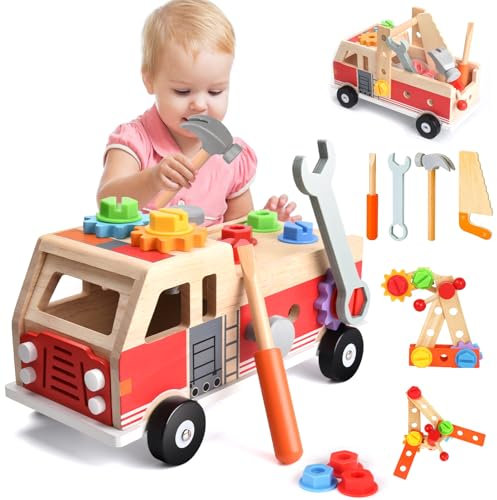 Jouet en Bois Outil, Boite a Outil pour Enfant, Voiture Jouet en Bois, Montessori Educatifs Jeux, Jeu d'Imitation Bricolage Éducatif avec 30 Pièces, Cadeau Garcon Fille 2 3 4 Ans(camion de pompier)