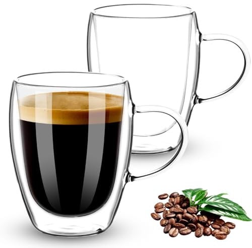 Esilihom 2 Pack Double Walled Coffee Glasses Mugs, 350ml Cappuccino Latte Macchiato Glasses Cups with Handle, Heat Resistant Borosilicate Glasses Cup for Coffee Tea Milk Juice Ice Cream