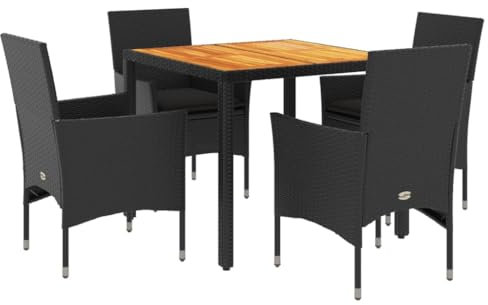 vidaXL Garten Essgruppe 5-TLG., Gartenmöbel Set mit Kissen, Gartengarnitur Tisch 4 Stühle, Lounge Sitzgruppe Sitzgarnitur, Schwarz Poly Rattan Akazie