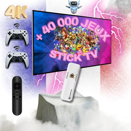 Console RETROGAMING & Box TV Android | 14 EMULATEURS INTÉGRÉS | Console DE Jeux Stick TV (40000 Jeu Video) | HDMI 8K | Console Retro | 2 MANETTES sans Fil Blanche | Mini Console DE Jeux
