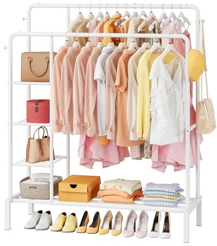 JOISCOPE Breite Kleiderständer, 165x120cm Kleiderständer aus Metall mit 2 Kleiderstange, 4 Haken, 3 Seitenregalen und 1 Unteres Schuhregal Multifunktional Kleiderständer mit Ablage, Weiß