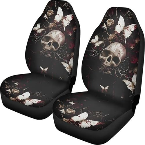 Kuiaobaty Autositzbezug mit Gothic-Totenkopf-Motiv, Schmetterlinge, Halloween, 2 Stück, nur vorne