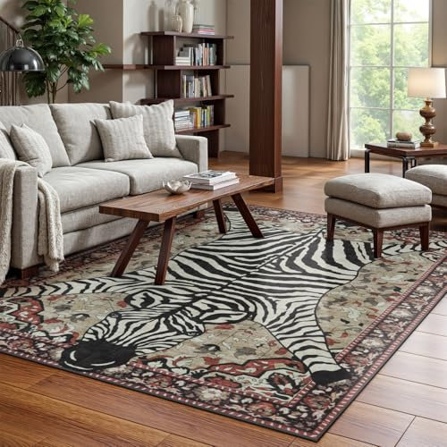 Seavish Zebra-Teppich, waschbar, niedriger Flor, Tierdruck, für Schlafzimmer, weich, fusselfrei, Spielzimmerteppich, groß, neutral, Bauernhaus, Western-Bodendekoration, Teppich für Esszimmer