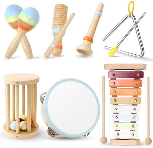 Jeinbuil Musikinstrumente 7er Set für Kinder, Holzspielzeug Kinderspielzeug ab 3 Jahre Xylophon Trommel für Kinder Baby Musikspielzeug Montessori Spielzeug
