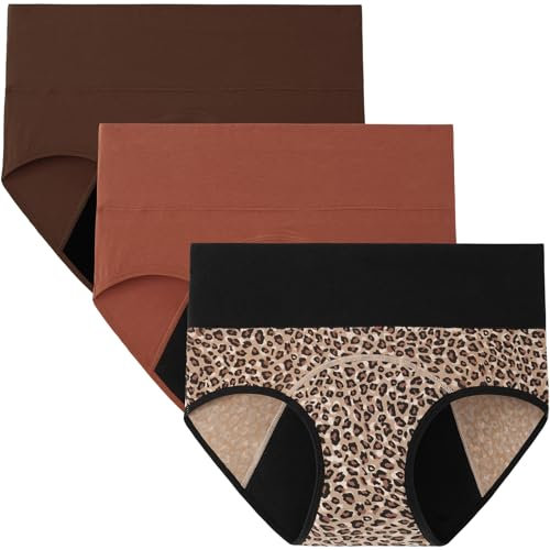 INNERSY Periodenunterschwäsche Hohe Taille Menstruation Unterwäsche Auslaufsicher Slip 3 Pack (48, Braun/Rotbraun/Leopard)