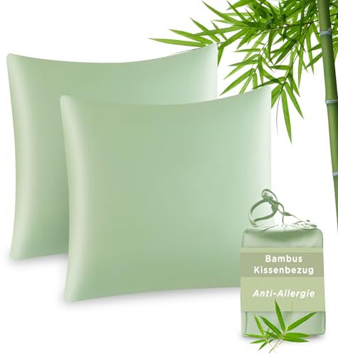 ATsense Bambusfaser Kissenbezug 80x80 2er Set, Allergiker Satin Kissenbezüge, Weich wie Seiden Kissenbezug, Anti Milben Kopfkissenbezug für Haar und Haut, Salbeigrün