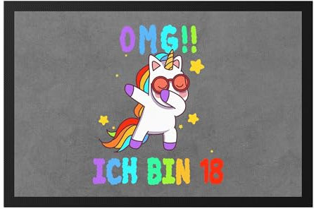 Hey!Print OMG! Ich Bin 18 Fußmatte Unicorn Einhorn DAP Lustig Geschenkidee zum 18. Geburtstag