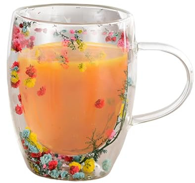 Tazza A Doppia Parete - Tazze A Fiori Secchi, Tazze Da Fiori Estetici | Tazze Da Tè In Vetro A Doppia Parete Con Fiori Secchi Dentro, Tazza Di Vetro Trasparente Resistente Al Calore