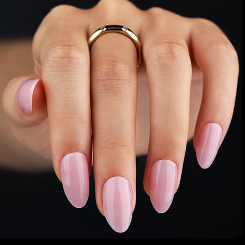 False Nails Short Almond Press on Nails with Glue 30pcs Jelly Baby Pink Stick On Nail Fake Nails Long Lasting Gift for Women Girls (Pink Short Almond, 30pcs)
