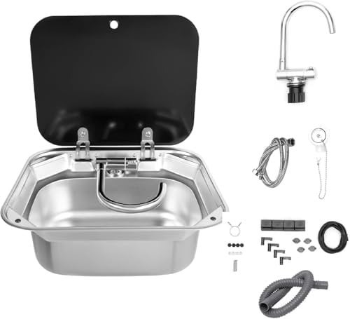 WUDLEP RV Sink with Lid, Drop in Sink with Folding Faucet, Stainless Steel Single Bowl Hand Wash Basin Compatible with RV Caravan Camper Kitchen,16.5 * 14.6 * 6.3in