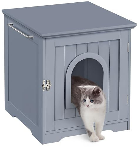 Yaheetech Cat Litter Box Enclosure, Indoor Wooden Cat House for Bathroom, Bedroom & Living Room, White Cat Washroom Litter Cabinet with Holes, Door Latch & Side Bar