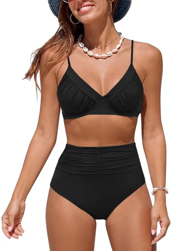 NLAND Traje de Baño de Cintura Alta para Mujer Dos Piezas Push Up Conjunto de Bikini Sexy Retro Bañador Control de Vientre Reductor Natacion(Negro,M)