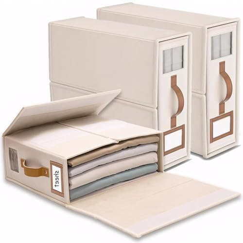 Lino Organizer Lenzuola per Armadio, 3 Scatola Organizer per Biancheria Pieghevole con Cerniera e finestra, Scatole Per Rigide da Letto per Lenzuola, Copripiumini, Vestiti e Coperte, Beige
