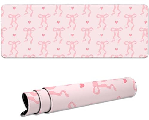 Ksriylm Gaming Mauspad,Niedlich Bowknot Groß Mousepad XL 800 x 300mm,Rutschfestes Schreibtischmatte mit Gummibasis,Genähte Kanten Laptop Schreibtischunterlage,für Büro und Zuhause,Schleife und Herz