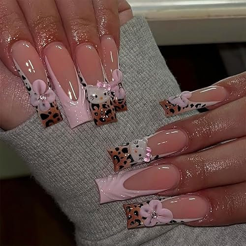 MouyouGlow Press on Nails Extrem Lang,Square Leopard French 3D Kitty Wavy Blumen Floral Crystal Sweet Coquette Fake Nails with Nail Glue,White Tips Striped Y2K Artificial Fingernails