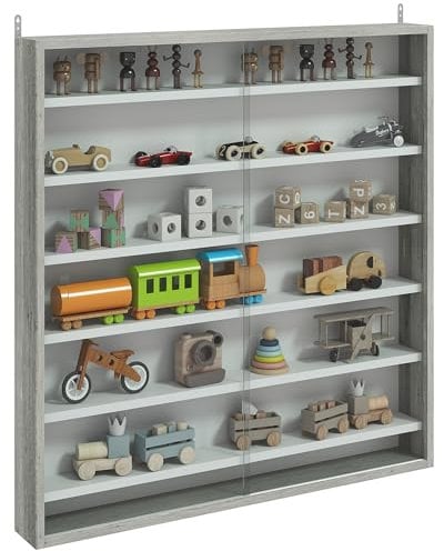 HOMCOM Vitrina de Pared de 7 Niveles, Vitrina con 6 estantes Ajustables, Puertas de Cristal para Adornos de Oficina en casa 83x80cm, Efecto Madera Grafito