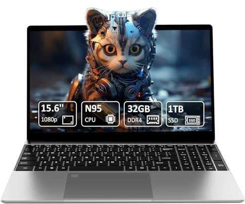 Pryloxen Ordinateur portable avec 32 Go DDR4 1 To NVMe SSD, 15,6 pouces FHD IPS LCD, N95 Up to 3,4 GHz avec déverrouillage des empreintes digitales, ventilateur de refroidissement, webcam, double