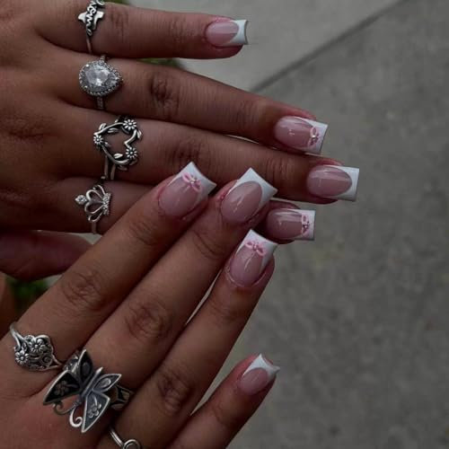 Press On Nails - 24pcs Short Medium Square French Tip False Nails - White French Pink Fake Nails With Bow - Cute french Tip nails With Glue - Full Cover Acrylic Stick On nails For Women Girls Nail Art