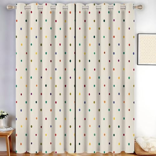 Blickdichte Vorhänge mit Ösen Bunte Punkte 2er Set Kapoor-Punkte Design Thermovorhänge Verdunklung für Schlafzimmer & Wohnzimmer, H138 x B117 cm, Creme