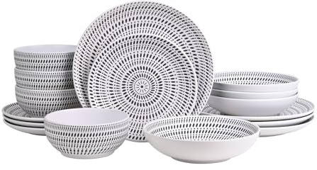 16pc Waterside White & Black Dash Stoneware Dinner Set; 4 Place Setting - 4 Dinner Plates 4 Side Plates 4 Deep Bowls 4 Soup Bowls - Dishwasher & Microwave Safe