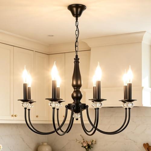 Kronleuchter Schwarz, 8 Flammig Rustikale Kronleuchter Vintage Pendelleuchte Wohnzimmer, Antik Deckenlampe Schlafzimmer Hängend mit E14 Fassung, Einstellbare Höhe Klassischer Lüster für Esstisch Flur