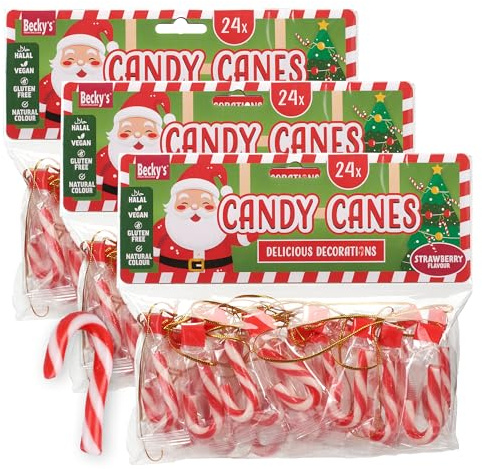 Mini Zuckerstangen – 24 Stück á 4g pro Packung – Weihnachtsdeko mit goldener Schlaufe – Adventskalender, Nikolaus, Party Süßigkeiten & Mitgebsel – kleine Zuckerstangen mit Erdbeergeschmack (3er Set)