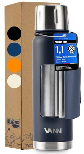 VANN thermoskanne 0,5l - Thermosflasche mit becher [24h kalt, 12h warm] | Thermoskanne für Outdoor - Aus zertifiziertem Edelstahl - Thermotrinkflasche [mit 2-in-1-Deckel, Becher] - Thermos Dunkelblau
