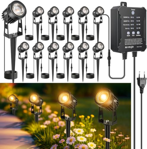 LightingWill Gartenstrahler LED Außen Wasserdicht mit Erdspieß, Gartenbeleuchtung mit Dämmerungssensor & Timer, 12er Set, 3000K Warmweiß, IP65 Gartenspots für Garten, Weg, Terrasse, Einfahrt