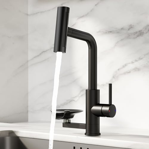 EAARSUO Grifo de cocina giratorio de 360 °, extensible con ducha, cascada, grifo mezclador de cocina con lavavajillas para vasos, 4 modos de grifo con lavaplatos (negro, versión estándar)