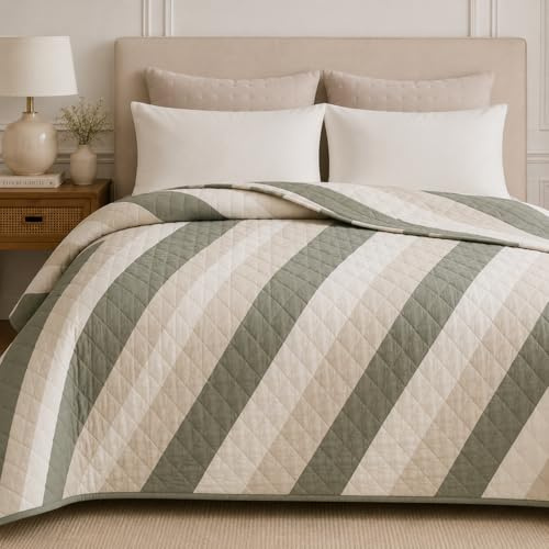 TRAMAS+ Colcha Bouti Estampada para Cama, Cubrecamas Ligero de Primavera y Verano - Cama de 135-150 (240x270) - Raya Calcuta Verde Seco