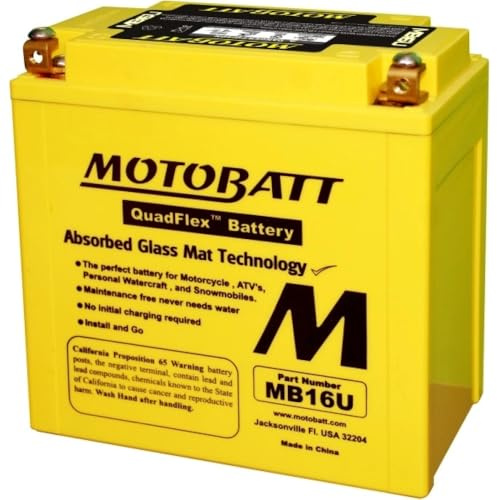 MOTOBATT - Motorradbatterie AGM MB16U | 12V 20.0Ah 235CCA | Versiegelt & Werksaktiviert | Kompatibel mit YB16B-A, YB16B-A1, YB16B-A2 | Kompatibel mit Honda, Yamaha, Kawasaki, Suzuki, BMW u.a.