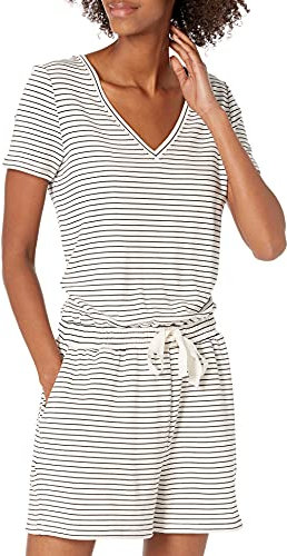 Amazon Essentials Women's Supersoft Terry Short-Sleeve V-Neck Romper (Previously Daily Ritual), Black White Thin Stripe, M