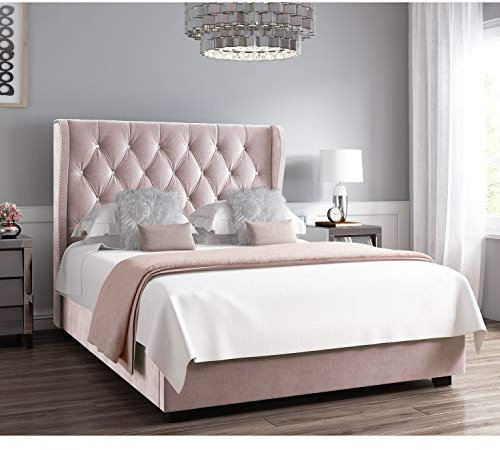 Safina Diamante Wing Back Double Ottoman Bed in Light Pink Velvet
